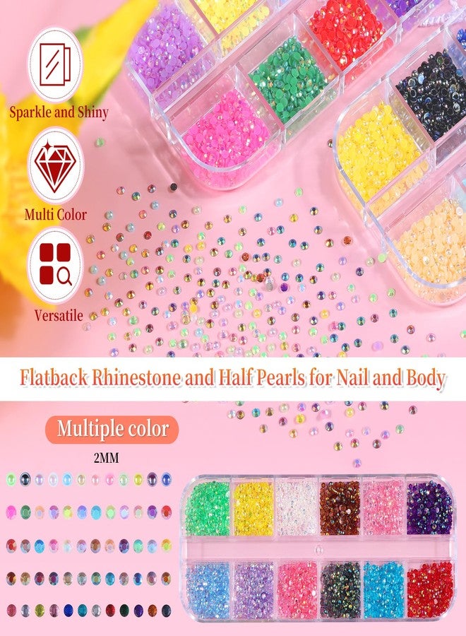 editTime 5 Boxes 13200pcs Sparkling Crystal Nail Rhinestones Pearls Kit, Flatback Multicolor Transparent Jelly AB Mermaid Gems with Pick Up Pen and Curved Tweezers for Manicure Salon & Craft DIY Designs (2mm) - Image 2